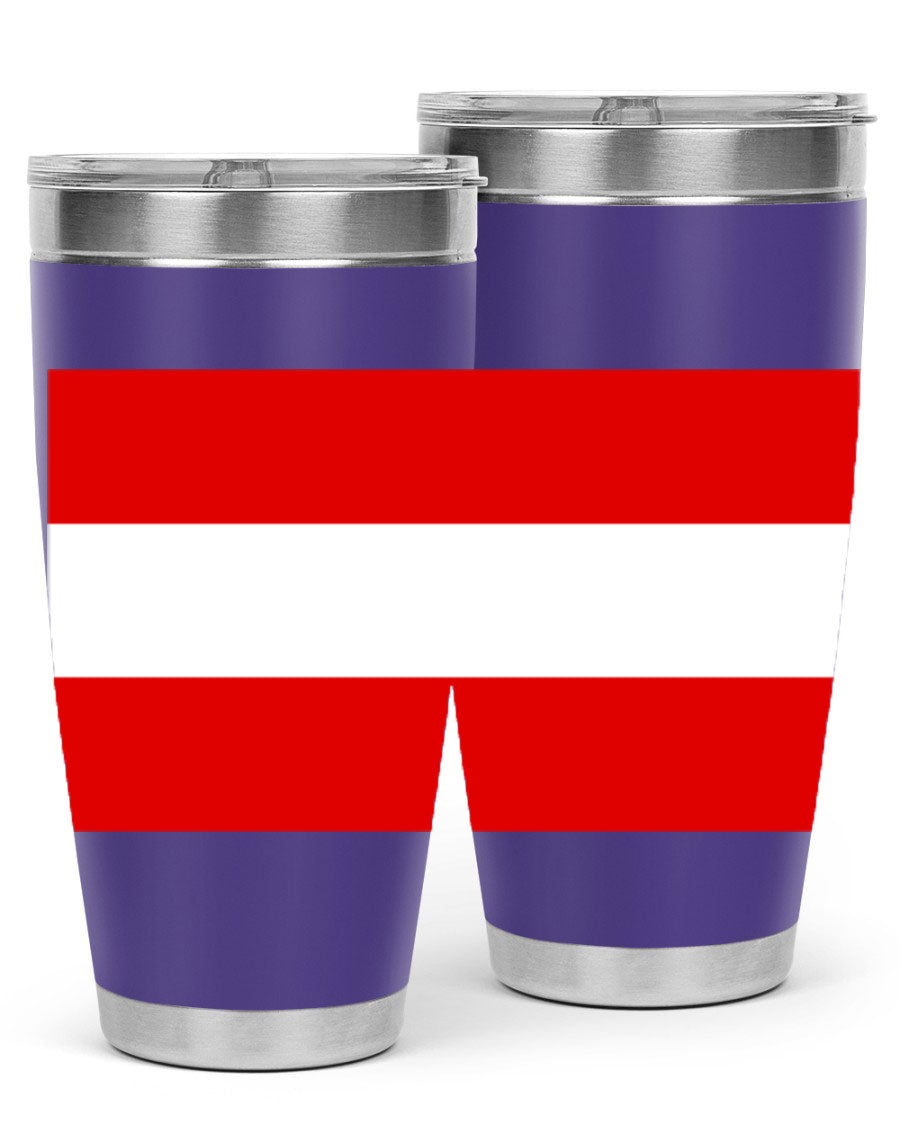 Austria 188# Tumbler showcasing double wall vacuum stainless steel design with vibrant printed flag design.