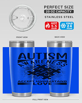 Autism Awareness Style 43# 20oz Tumbler featuring a vibrant design, double wall vacuum stainless steel, and a drink-thru lid.