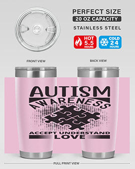 Autism Awareness Style 43# 20oz Tumbler featuring a vibrant design, double wall vacuum stainless steel, and a drink-thru lid.