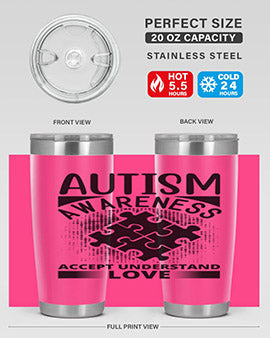 Autism Awareness Style 43# 20oz Tumbler featuring a vibrant design, double wall vacuum stainless steel, and a drink-thru lid.