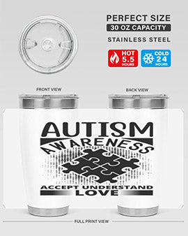 Autism Awareness Style 43# 20oz Tumbler featuring a vibrant design, double wall vacuum stainless steel, and a drink-thru lid.