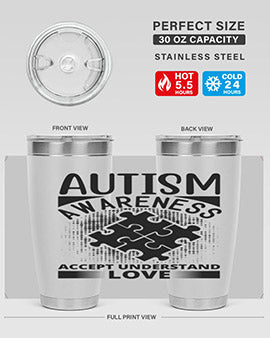 Autism Awareness Style 43# 20oz Tumbler featuring a vibrant design, double wall vacuum stainless steel, and a drink-thru lid.