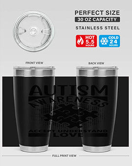 Autism Awareness Style 43# 20oz Tumbler featuring a vibrant design, double wall vacuum stainless steel, and a drink-thru lid.