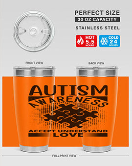 Autism Awareness Style 43# 20oz Tumbler featuring a vibrant design, double wall vacuum stainless steel, and a drink-thru lid.