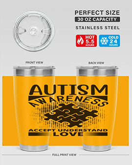 Autism Awareness Style 43# 20oz Tumbler featuring a vibrant design, double wall vacuum stainless steel, and a drink-thru lid.