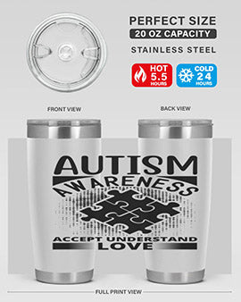 Autism Awareness Style 43# 20oz Tumbler featuring a vibrant design, double wall vacuum stainless steel, and a drink-thru lid.