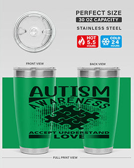 Autism Awareness Style 43# 20oz Tumbler featuring a vibrant design, double wall vacuum stainless steel, and a drink-thru lid.