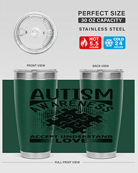 Autism Awareness Style 43# 20oz Tumbler featuring a vibrant design, double wall vacuum stainless steel, and a drink-thru lid.