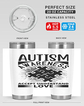 Autism Awareness Style 43# 20oz Tumbler featuring a vibrant design, double wall vacuum stainless steel, and a drink-thru lid.