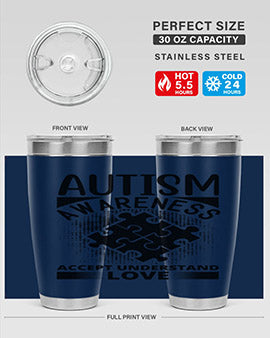 Autism Awareness Style 43# 20oz Tumbler featuring a vibrant design, double wall vacuum stainless steel, and a drink-thru lid.