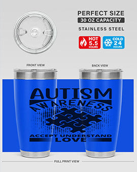 Autism Awareness Style 43# 20oz Tumbler featuring a vibrant design, double wall vacuum stainless steel, and a drink-thru lid.