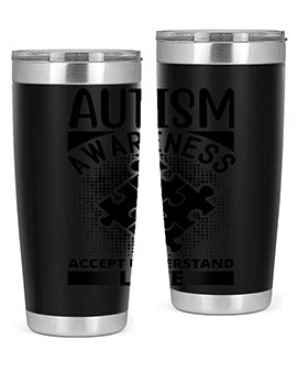 Autism Awareness Style 43# 20oz Tumbler featuring a vibrant design, double wall vacuum stainless steel, and a drink-thru lid.