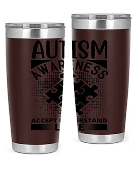 Autism Awareness Style 43# 20oz Tumbler featuring a vibrant design, double wall vacuum stainless steel, and a drink-thru lid.