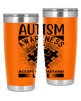 Autism Awareness Style 43# 20oz Tumbler featuring a vibrant design, double wall vacuum stainless steel, and a drink-thru lid.