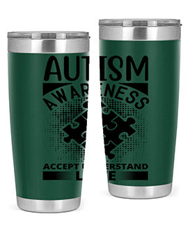 Autism Awareness Style 43# 20oz Tumbler featuring a vibrant design, double wall vacuum stainless steel, and a drink-thru lid.