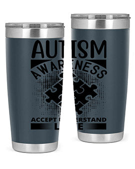 Autism Awareness Style 43# 20oz Tumbler featuring a vibrant design, double wall vacuum stainless steel, and a drink-thru lid.