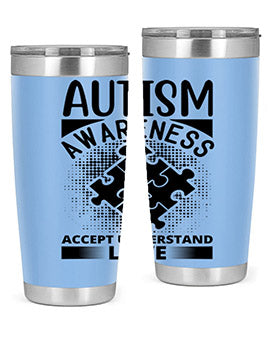 Autism Awareness Style 43# 20oz Tumbler featuring a vibrant design, double wall vacuum stainless steel, and a drink-thru lid.