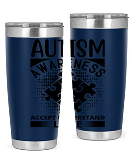 Autism Awareness Style 43# 20oz Tumbler featuring a vibrant design, double wall vacuum stainless steel, and a drink-thru lid.