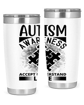 Autism Awareness Style 43# 20oz Tumbler featuring a vibrant design, double wall vacuum stainless steel, and a drink-thru lid.