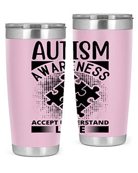 Autism Awareness Style 43# 20oz Tumbler featuring a vibrant design, double wall vacuum stainless steel, and a drink-thru lid.