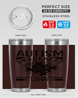 Autism Awareness Style 43# 20oz Tumbler featuring a vibrant design, double wall vacuum stainless steel, and a drink-thru lid.