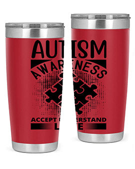 Autism Awareness Style 43# 20oz Tumbler featuring a vibrant design, double wall vacuum stainless steel, and a drink-thru lid.