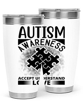 Autism Awareness Style 43# 20oz Tumbler featuring a vibrant design, double wall vacuum stainless steel, and a drink-thru lid.