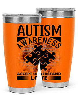 Autism Awareness Style 43# 20oz Tumbler featuring a vibrant design, double wall vacuum stainless steel, and a drink-thru lid.