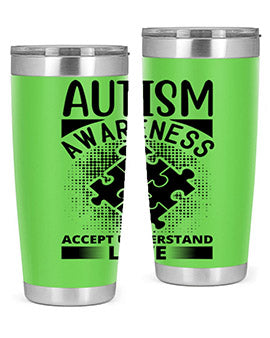 Autism Awareness Style 43# 20oz Tumbler featuring a vibrant design, double wall vacuum stainless steel, and a drink-thru lid.