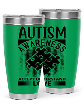 Autism Awareness Style 43# 20oz Tumbler featuring a vibrant design, double wall vacuum stainless steel, and a drink-thru lid.