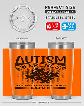 Autism Awareness Style 43# 20oz Tumbler featuring a vibrant design, double wall vacuum stainless steel, and a drink-thru lid.