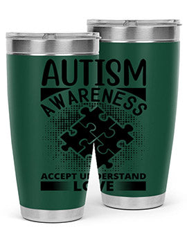 Autism Awareness Style 43# 20oz Tumbler featuring a vibrant design, double wall vacuum stainless steel, and a drink-thru lid.