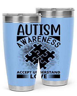 Autism Awareness Style 43# 20oz Tumbler featuring a vibrant design, double wall vacuum stainless steel, and a drink-thru lid.