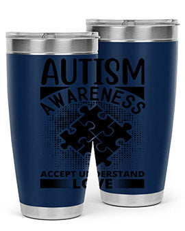 Autism Awareness Style 43# 20oz Tumbler featuring a vibrant design, double wall vacuum stainless steel, and a drink-thru lid.