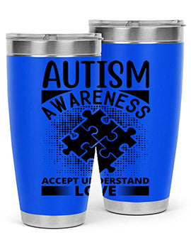 Autism Awareness Style 43# 20oz Tumbler featuring a vibrant design, double wall vacuum stainless steel, and a drink-thru lid.