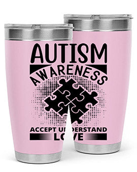 Autism Awareness Style 43# 20oz Tumbler featuring a vibrant design, double wall vacuum stainless steel, and a drink-thru lid.