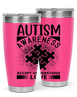 Autism Awareness Style 43# 20oz Tumbler featuring a vibrant design, double wall vacuum stainless steel, and a drink-thru lid.