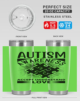 Autism Awareness Style 43# 20oz Tumbler featuring a vibrant design, double wall vacuum stainless steel, and a drink-thru lid.