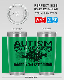 Autism Awareness Style 43# 20oz Tumbler featuring a vibrant design, double wall vacuum stainless steel, and a drink-thru lid.