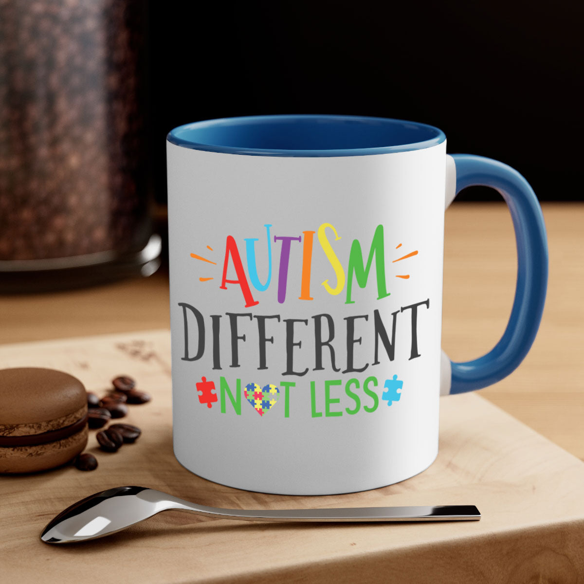 A stylish two-tone autism different not less mug with a glossy finish, featuring a colored handle and interior, available in multiple colors.