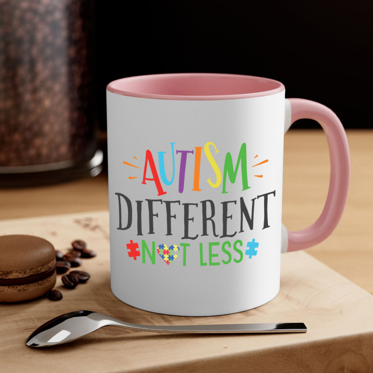 A stylish two-tone autism different not less mug with a glossy finish, featuring a colored handle and interior, available in multiple colors.