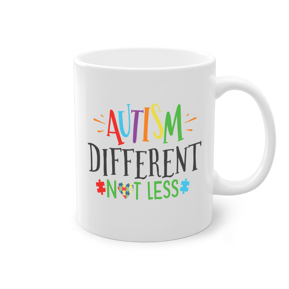 A stylish two-tone autism different not less mug with a glossy finish, featuring a colored handle and interior, available in multiple colors.