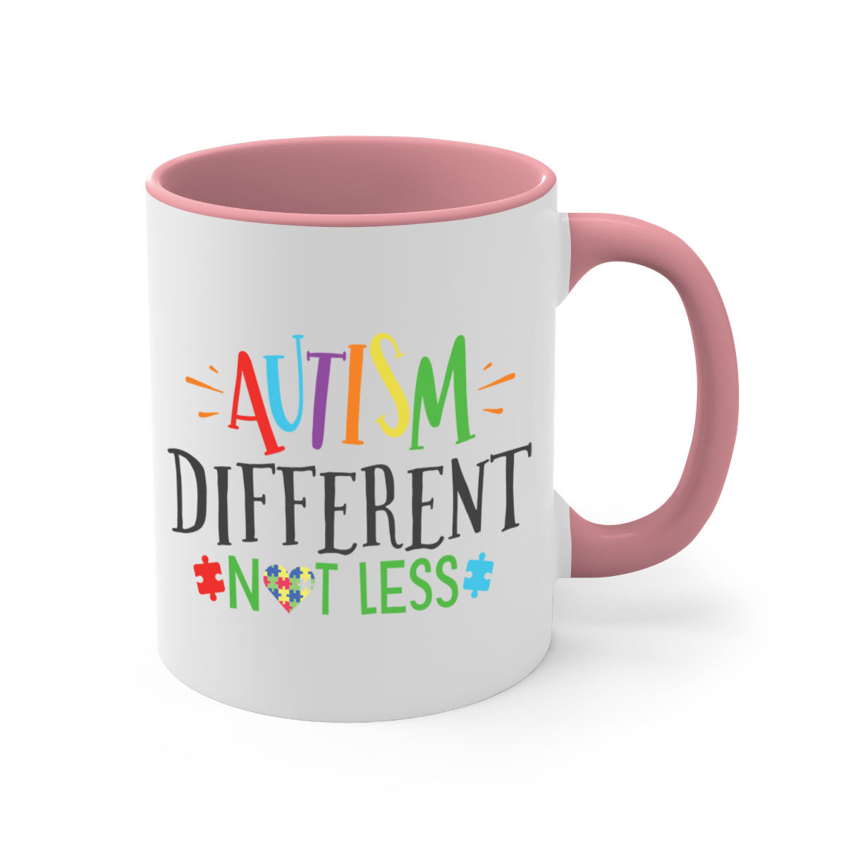 A stylish two-tone autism different not less mug with a glossy finish, featuring a colored handle and interior, available in multiple colors.