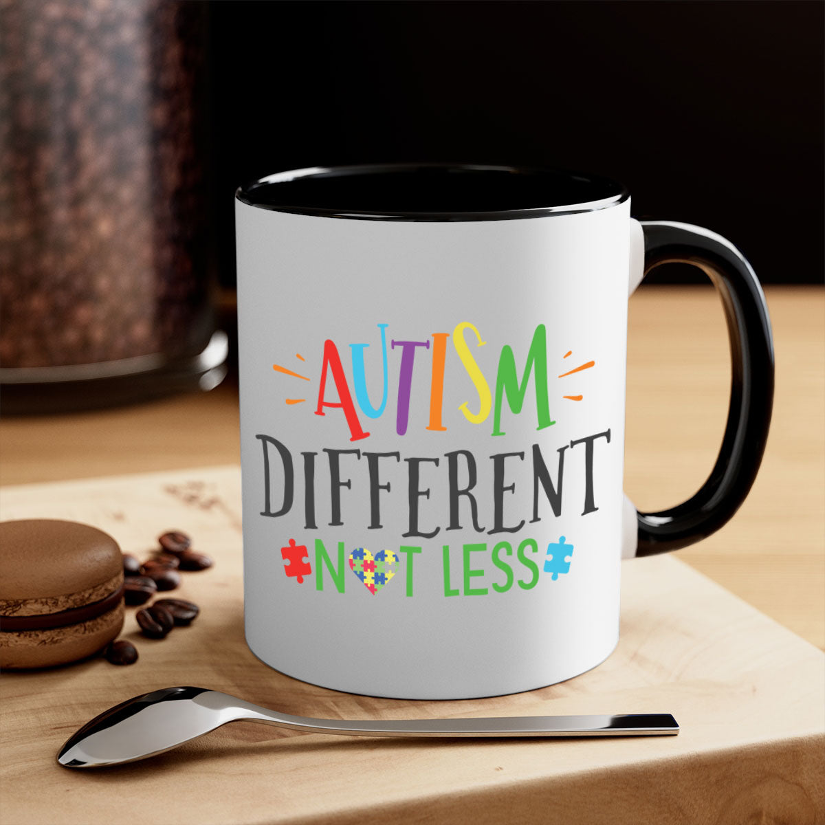 A stylish two-tone autism different not less mug with a glossy finish, featuring a colored handle and interior, available in multiple colors.