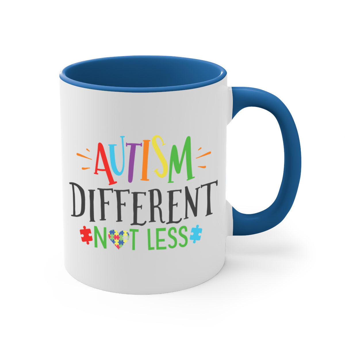 A stylish two-tone autism different not less mug with a glossy finish, featuring a colored handle and interior, available in multiple colors.