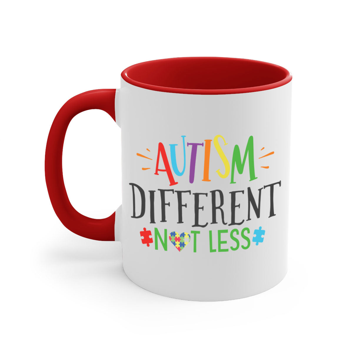 A stylish two-tone autism different not less mug with a glossy finish, featuring a colored handle and interior, available in multiple colors.