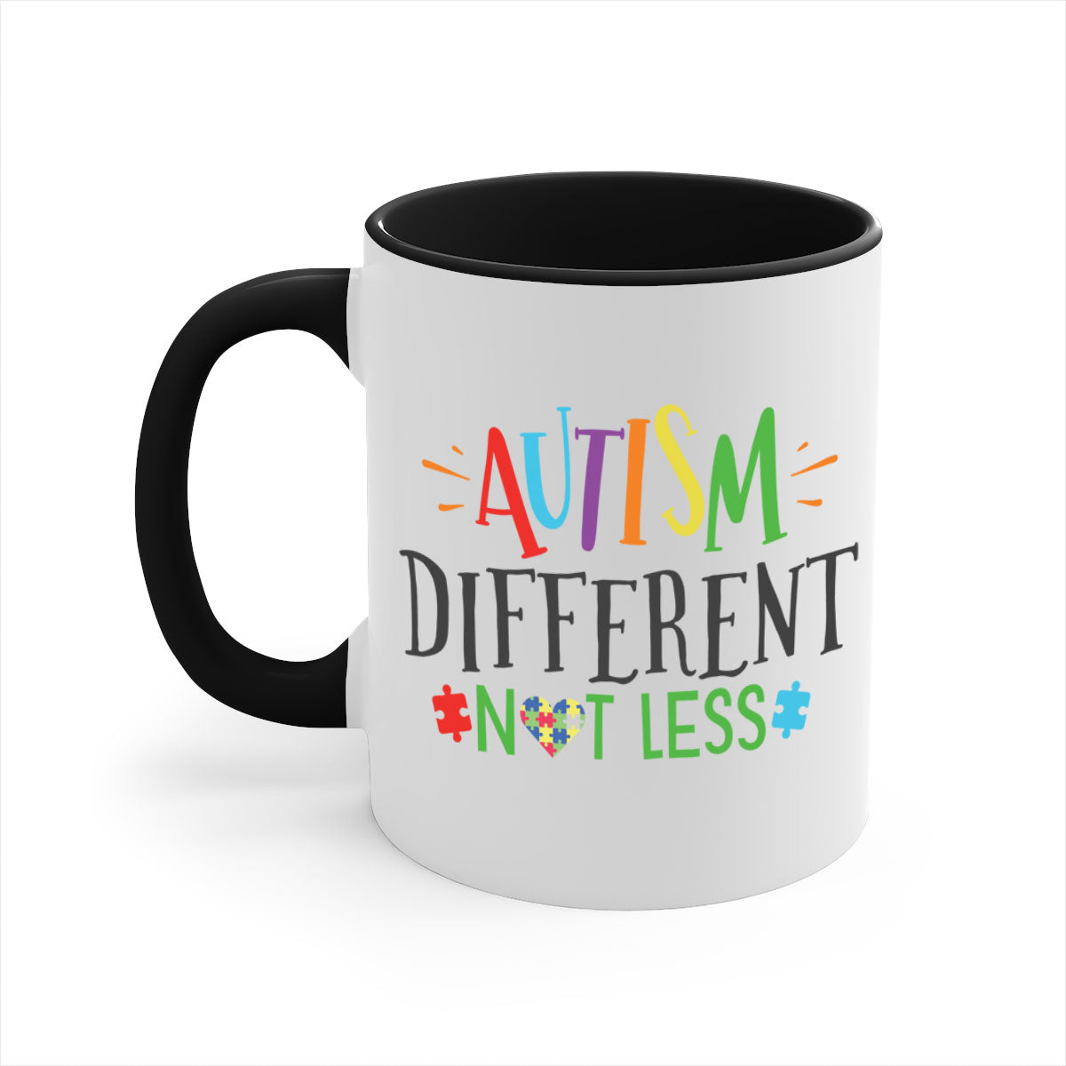 A stylish two-tone autism different not less mug with a glossy finish, featuring a colored handle and interior, available in multiple colors.