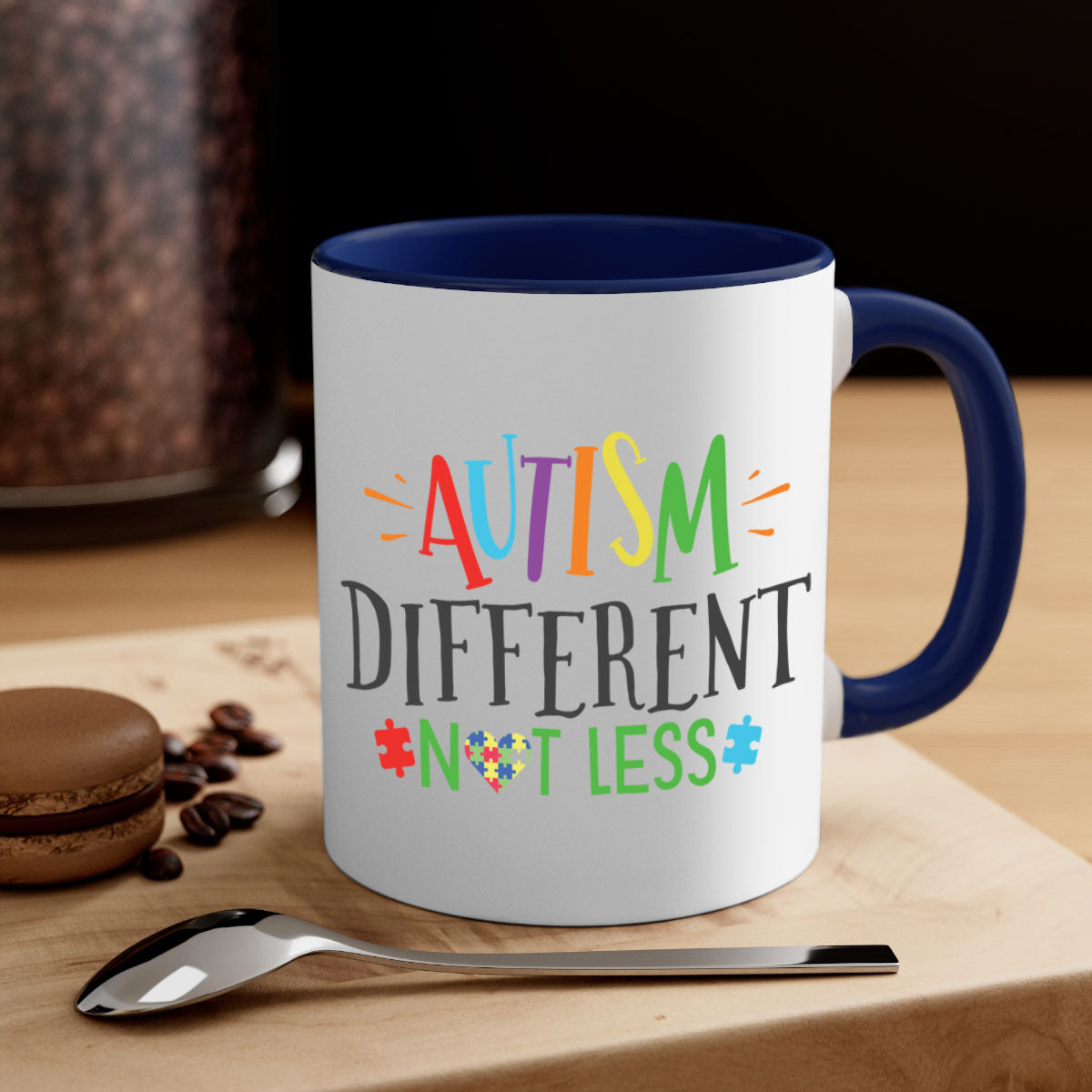 A stylish two-tone autism different not less mug with a glossy finish, featuring a colored handle and interior, available in multiple colors.