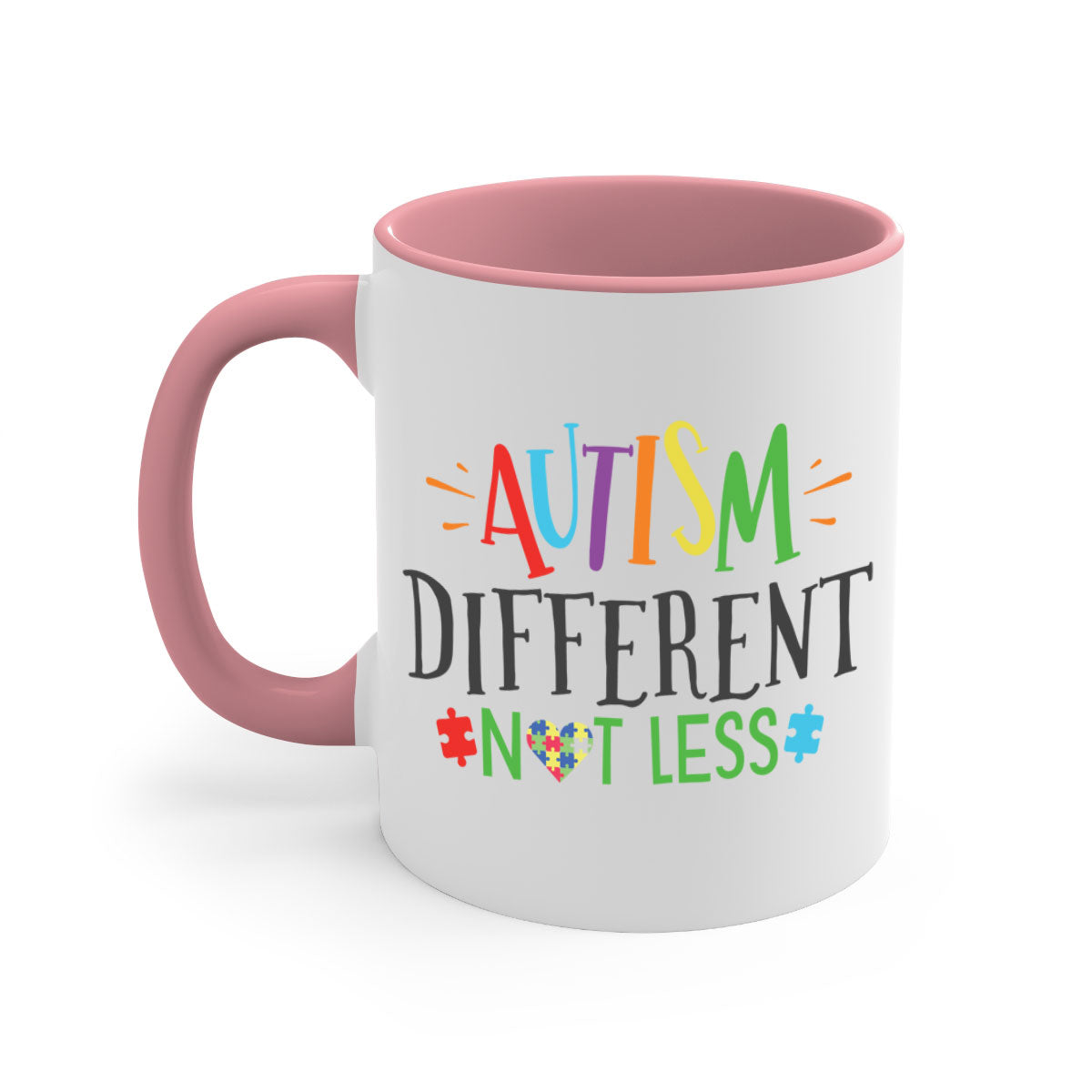 A stylish two-tone autism different not less mug with a glossy finish, featuring a colored handle and interior, available in multiple colors.