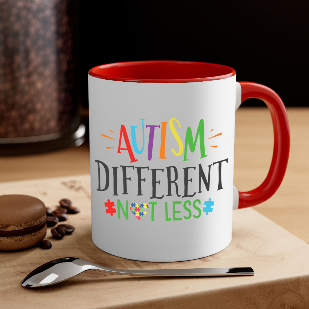 A stylish two-tone autism different not less mug with a glossy finish, featuring a colored handle and interior, available in multiple colors.